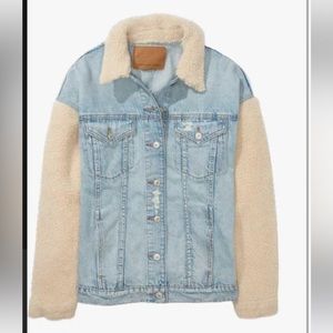 American eagle jean jacket with sherpa sleeves and collar